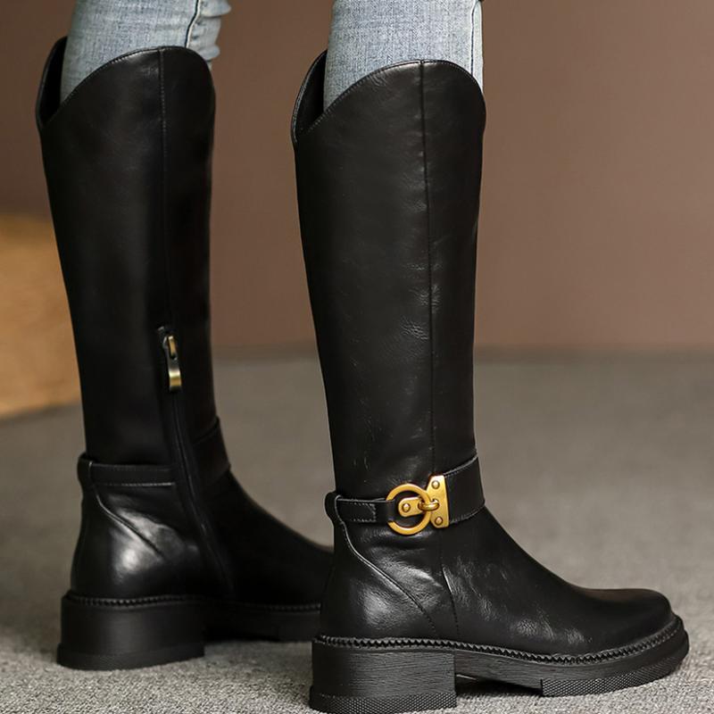 Women's genuine leather thick sole platform flats winter warm plush knee high knight boots round toe metal buckle punk shoes hot, Black
Women's genuine leather thick sole platform flats winter warm plush knee high knight boots round toe metal buckle punk shoes hot, Black