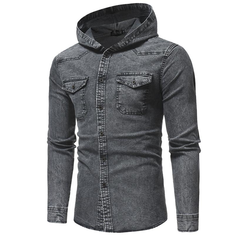 Men's Casual Shirts Spring Wash Denim Shirt Men Long Sleeve Fashion Hooded Jeans Slim Fit