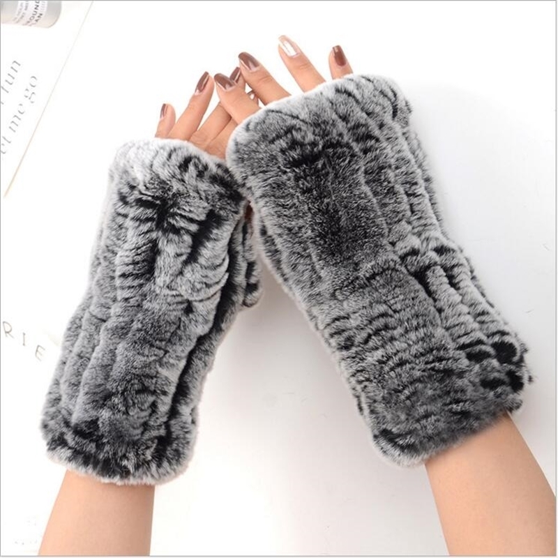 Women's 100% Real Genuine Knitted Rex Rabbit Fur Winter Fingerless warm soft Gloves Mittens Arm Sleeve 201021