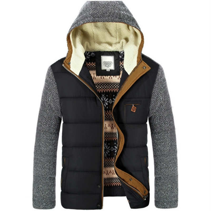 Winter Men's Thick Jackets Knitted Long Sleeve Hooded Parkas Patchwork Full Zipper Fashionable Causal Fleece Padded Coat EU Size 201217Z