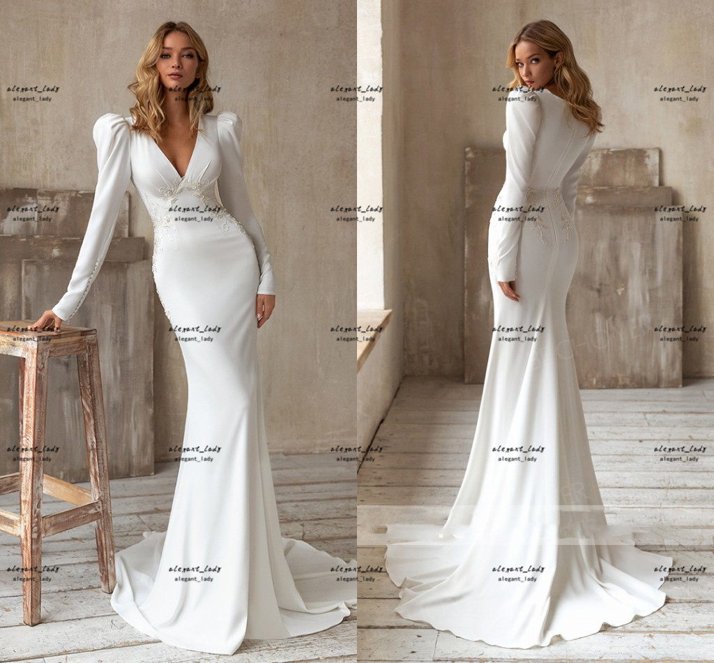 Beach Mermaid Wedding Dresses Glamorous Satin Mermaid 2022 V-neck Embroidery Long Sleeve Vestido De Noiva Princess Bridal Gown
