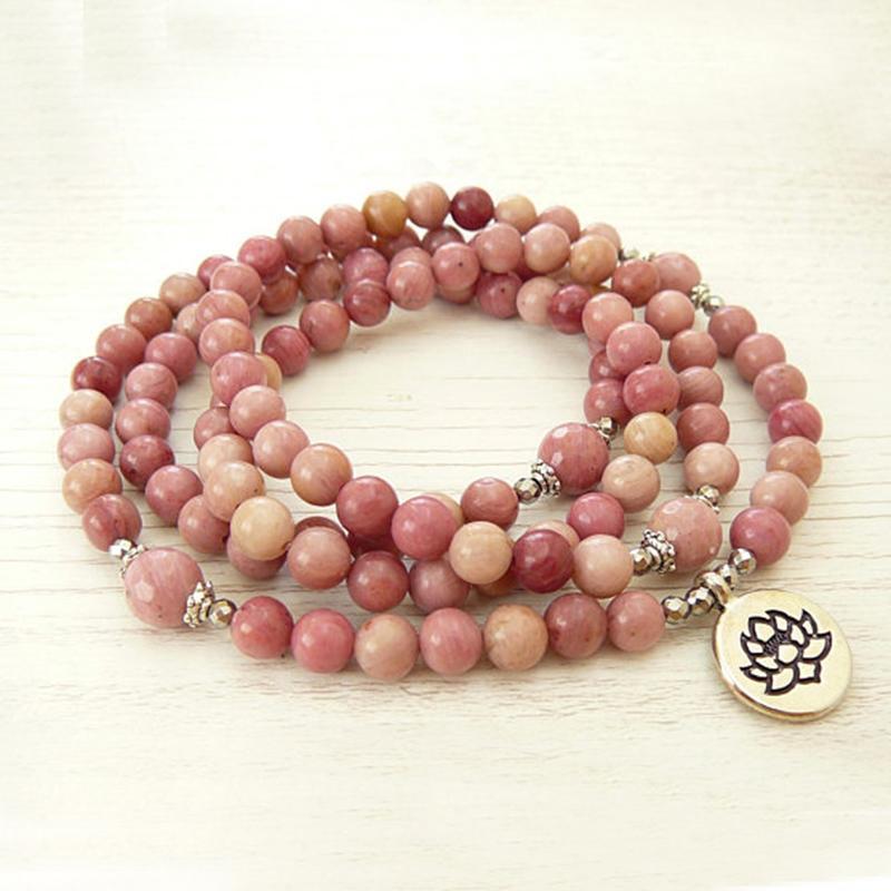 Tennis Yoga Bijoux Lotus Méditation Energie Bracelet Perles roses 108 Mala Rhodonnite ou Collier1