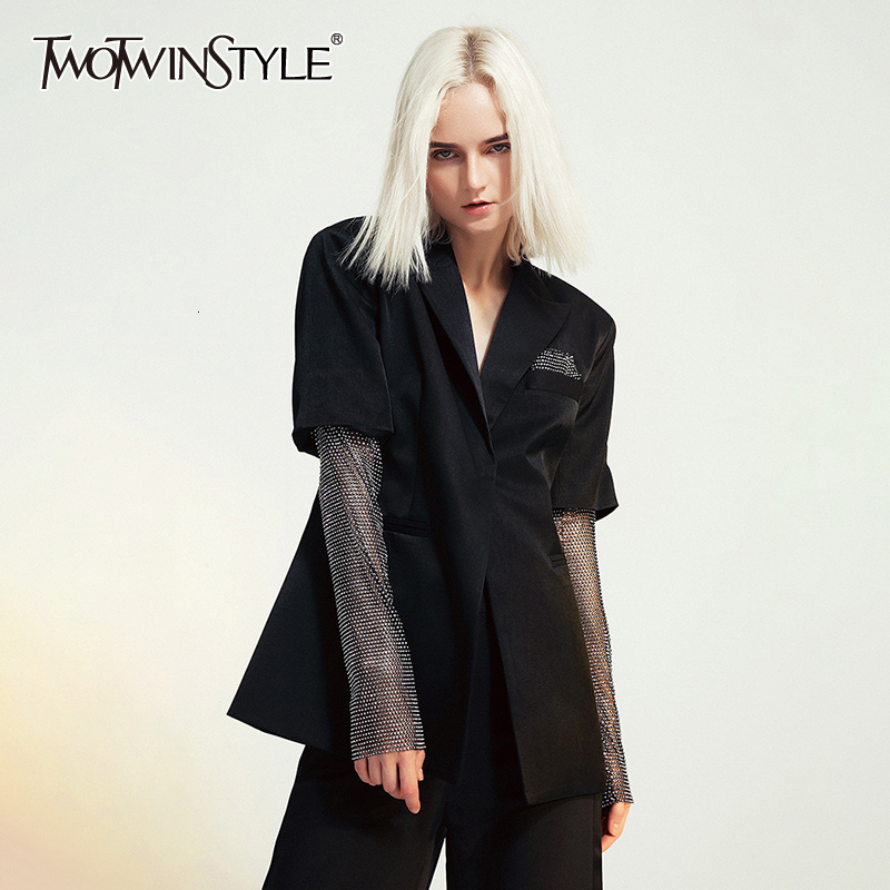 TWOTWINSTYLE Patchwork Diamond Women's Blazer Long Sleeve Notched Hit Color Slim Suit Female Autumn Plus Size Fashion New 201201