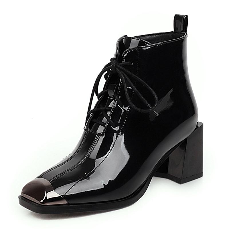 New Autumn Winter Thick Heel Ankle Boots Women Patent leather cross-strap Warm Shoes Boots Non-slip Women, Black