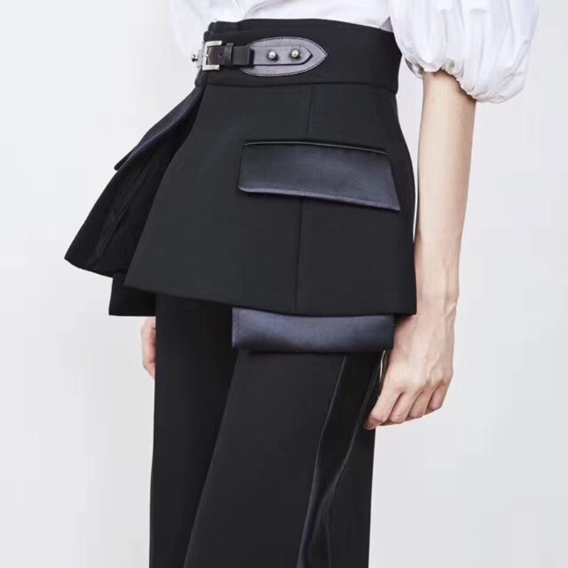 TWOTWINSTYLE High Waist Wide Leg Pants Female with PU Buckle Trumpet Cummerbund Women Fashion Black Trousers Autumn Winter 201228