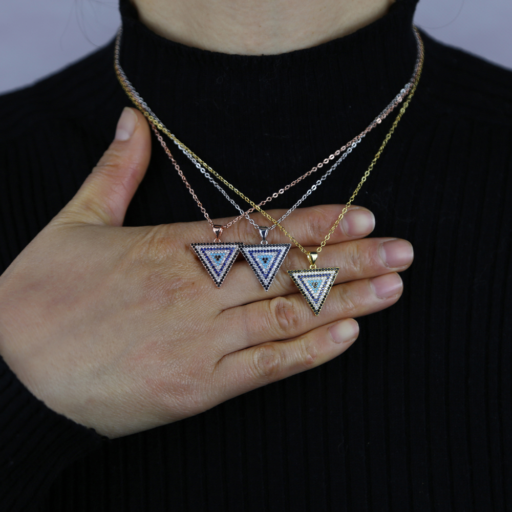 Promotion Fashion Women Jewelry Geometric Triangle Pendant Full Colorful CZ Paved Necklace 3 Colors