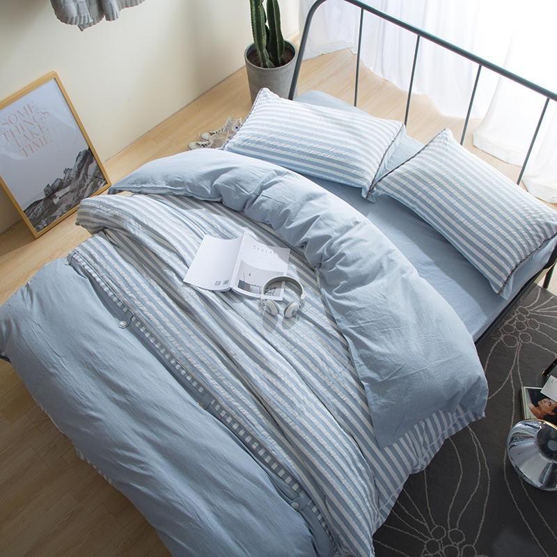 Blue Stripe Button Duvet Cover Set (1 Comforter Cover+ 1 Bed sheet+2 Pillow Shams) 100% Washed Cotton Soft Breathable Durable, Color 1
Blue Stripe Button Duvet Cover Set (1 Comforter Cover+ 1 Bed sheet+2 Pillow Shams) 100% Washed Cotton Soft Breathable Durable, Color 1