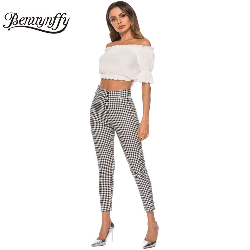 Benuynffy Vintage Button High Waist Plaid Pants Summer Office Lady Workwear Trousers Women Elegant Side Zipper Pencil Pants 201109