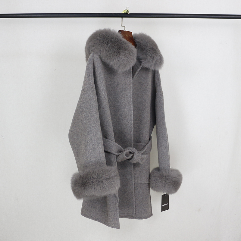 OFTBUY Real Fur Coat Winter Jacket Women Natural Fox Fur Collar Cuffs Hood Cashmere Wool Woolen Oversize Ladies Outerwear 201222