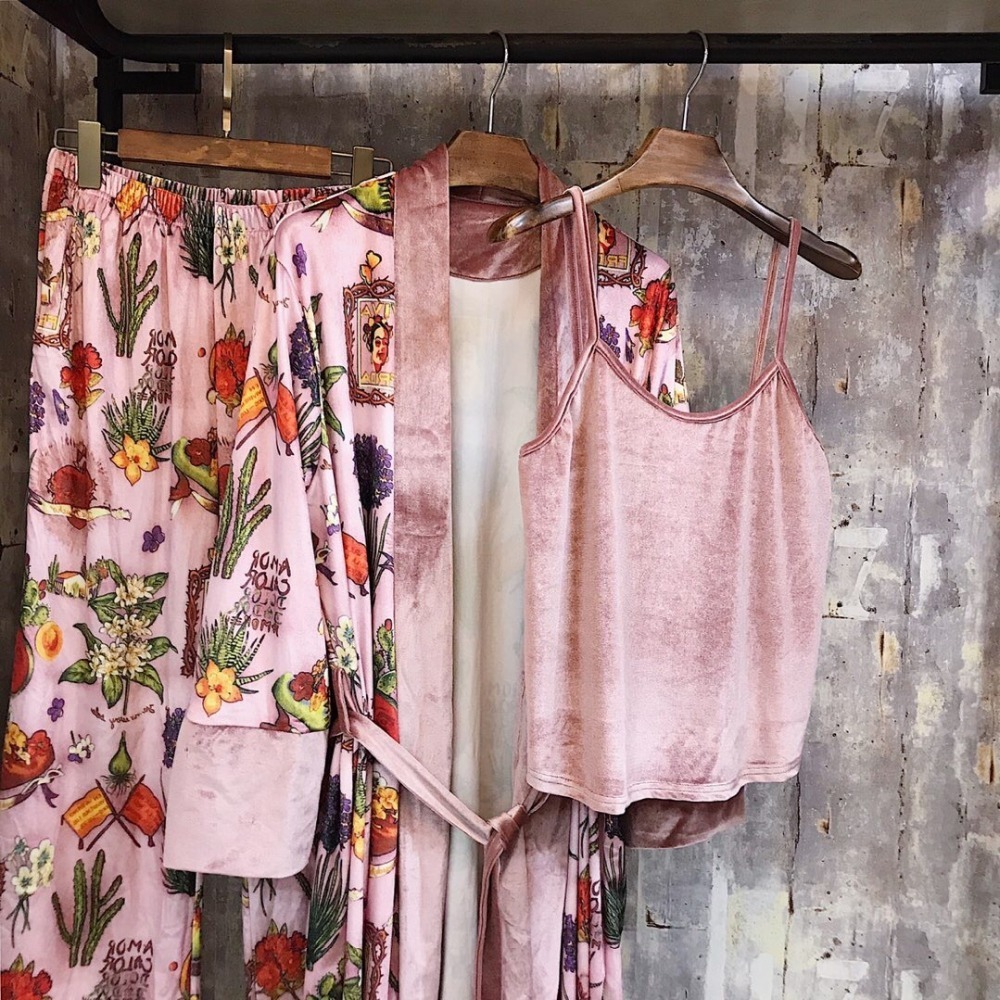 Fashion Autumn Multicolor Print Velvet Women 3 Pieces Pajama Sets Winter Vintage Sexy Robe Sets Elegant Female Nightwear E2582 201113