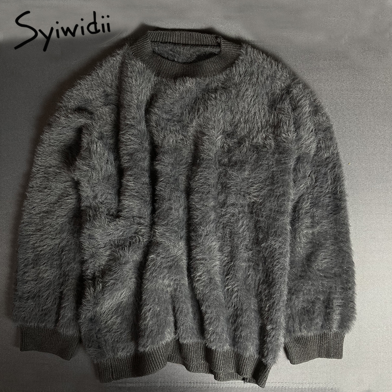 Syiwidii Pullovers Knit Sweater Women Winter Clothes Batwing Sleeve Faux Fur Thicken Plus Size Korean Top Oversize Black 201130