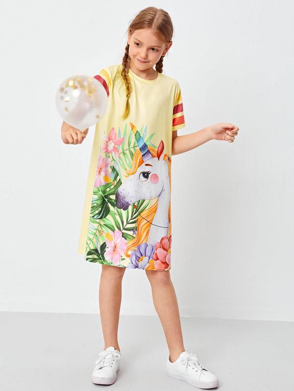 Girls Striped Sleeve Unicorn Print Tee Dress SHE