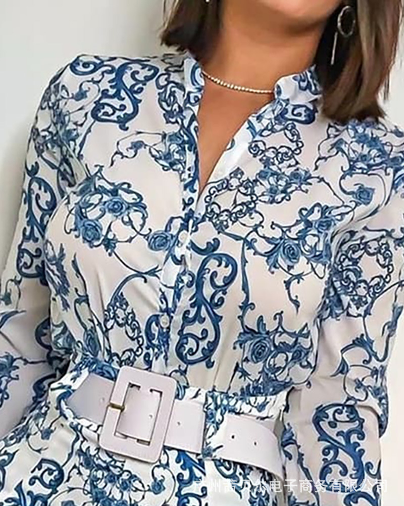 DEAT Autumn Fashion Casual Sashes Slim Blue Button Printed Long Sleeve Shirt Shorts Two Piece Set Women Outfits SE706 201119