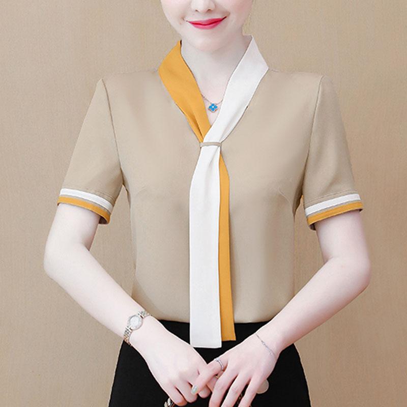 Korean fashion clothing 2020 ladies top Bow Solid Chiffon Short V-Neck blusas femininas shirts for women tops harajuku blue 0580 
Korean fashion clothing 2020 ladies top Bow Solid Chiffon Short V-Neck blusas femininas shirts for women tops harajuku blue 0580