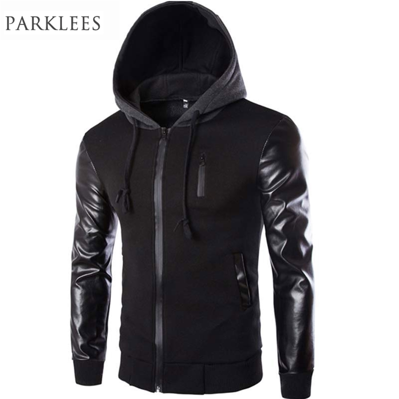 Cool Hooded Jacket Men Spring Fashion Pu Leather Sleeve Splice Bomber Jacket Casual Windbreaker Blouson Veste Sweat Homme 201218