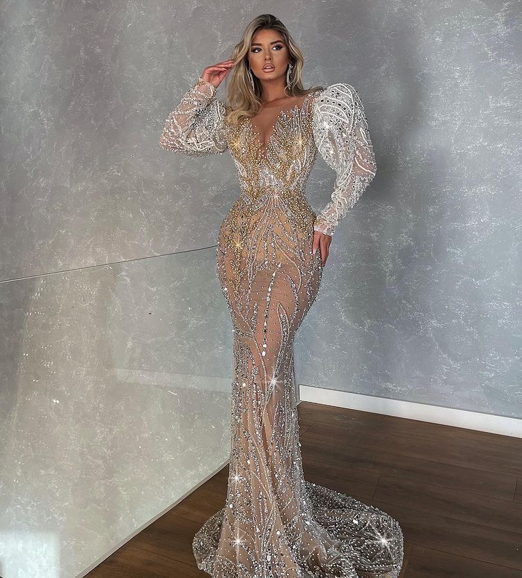 Sparkly Mermaid Wedding Dress: Plus Size Arabic Aso Ebi urious Beaded Crystals Lace Bridal Gown