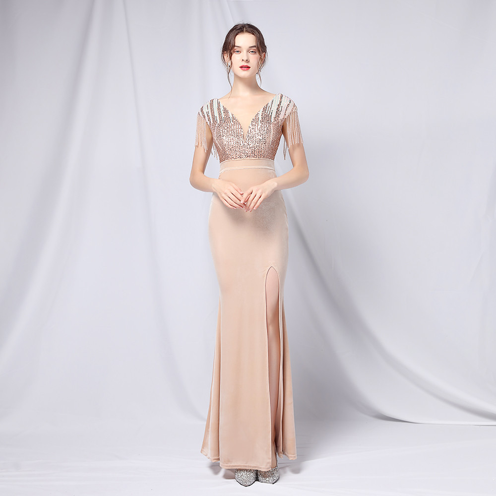 Wine Red Beaded Velvet Prom Party Dresses Tassel Sparkly V-neck Mermaid Full length Evening Dress Koftan Doubai robes de soirée