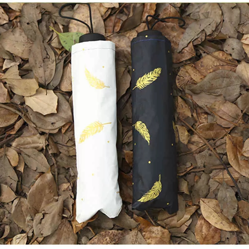 Gold Feather Black Coating Umbrellas Fresh Folding Umbrella Womens Windproof Students Rain Sun Dual-use Three-fold