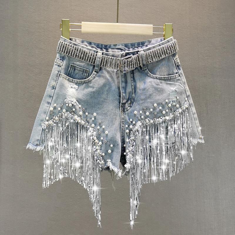 Women' Jeans Female Denim Shorts 2021 Summer Wear High Waist Slimming Heavy Beaded Sequin Fringed Ripped Wide Leg Pants, Not include belt
Women' Jeans Female Denim Shorts 2021 Summer Wear High Waist Slimming Heavy Beaded Sequin Fringed Ripped Wide Leg Pants, Not include belt