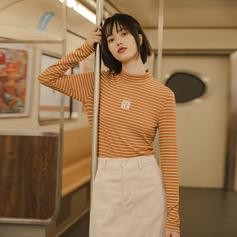 INMAN Autumn New Arrival High Neck Elastic Comfortable Long Sleeve Joker Basic Inside Wear Strip T-shirt 201028