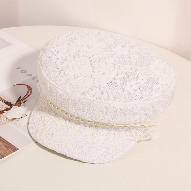 H742 Summer Leisure Lace Beret Cap Female Korean Fashion Flat Top Pearl Short Eave Navy Hat Girl All-match Sunshade Elegant Caps, White
H742 Summer Leisure Lace Beret Cap Female Korean Fashion Flat Top Pearl Short Eave Navy Hat Girl All-match Sunshade Elegant Caps, White