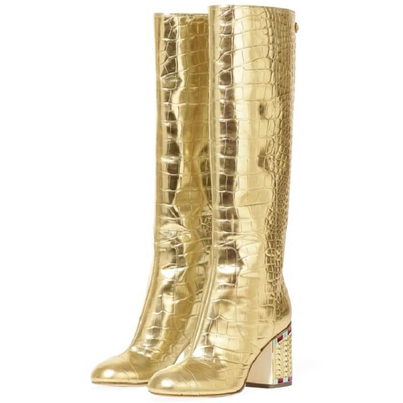 New Whiter Long Boots Women Gold Genuine Leather Fashion Diamond Heel Knee-high Boots Snakeskin Square Heel Riding Botas Shoes
New Whiter Long Boots Women Gold Genuine Leather Fashion Diamond Heel Knee-high Boots Snakeskin Square Heel Riding Botas Shoes