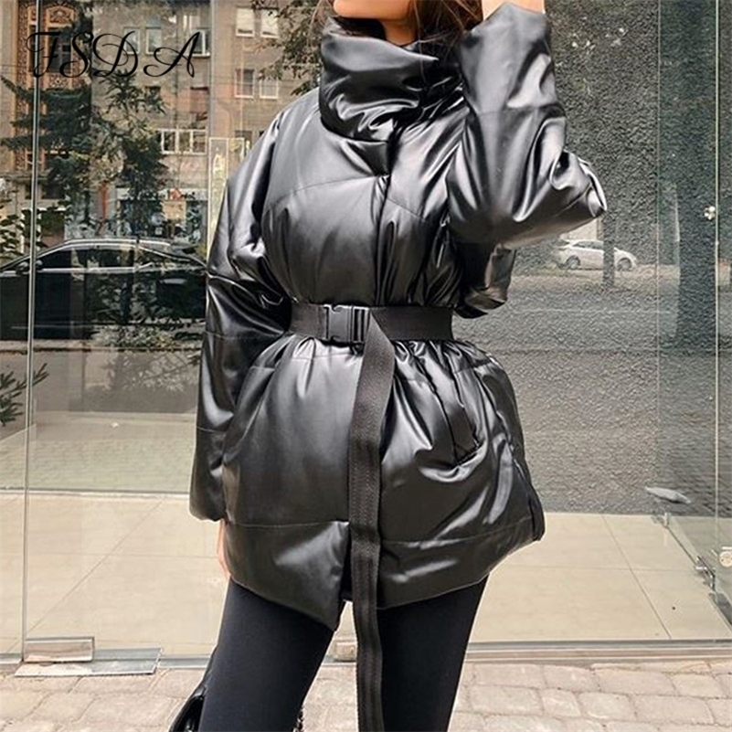 FSDA Autumn Winter Women Coat Jacket Parkas Warm With Belt Casual Loose Pocket Bubble Khaki Sashes Short Jackets Thick Y201001