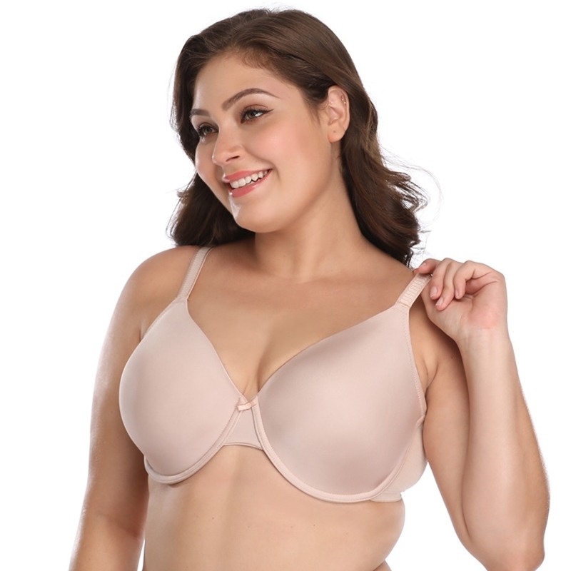 Women Plus Size Bra Seamless Underwire Thin Cup C D E F G H I J Simple Daily Brassiere for Big Chest Black Beige Super Large Cup 201202