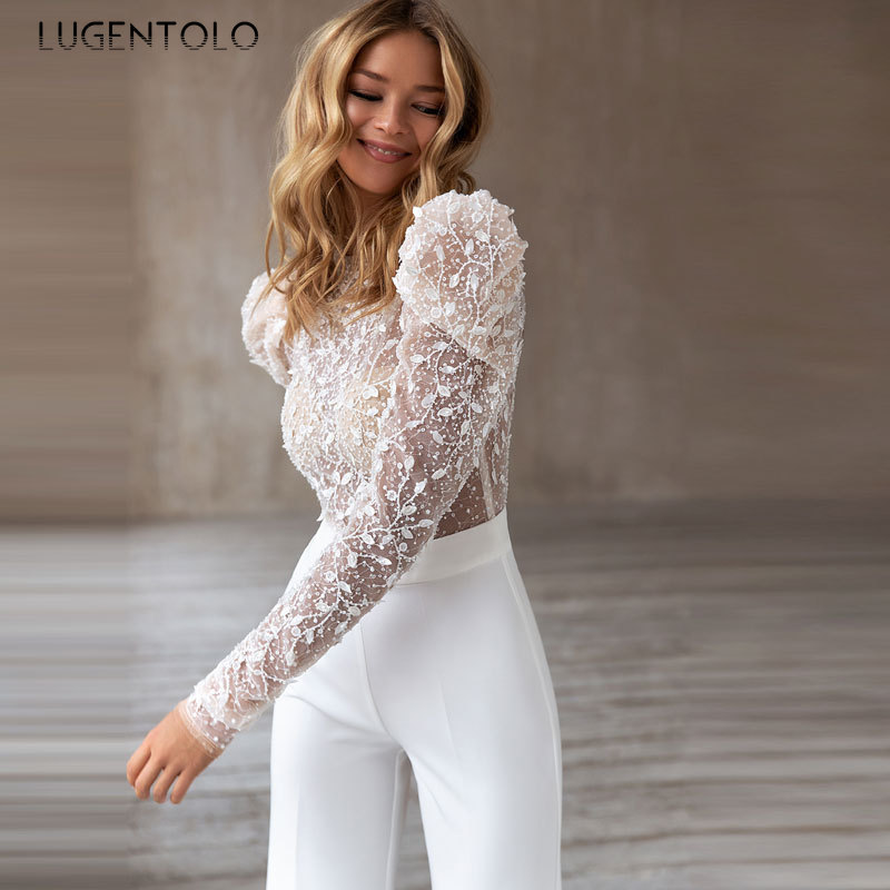 Lugentolo Women's Jumpsuits Round Neck Sexy Backless Long Sleeves Hot Stamping Sequins Fall New Fashion Bodysuit Women 201007