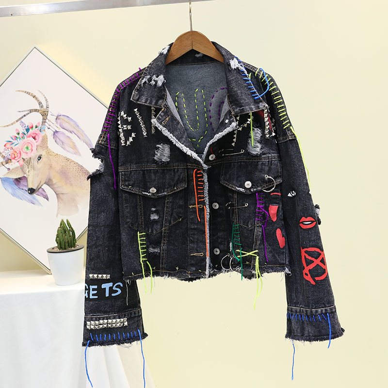 New jean 2020 spring female jeans British-style jackets ladies black graffiti denim woman jacket, Blue jacket
New jean 2020 spring female jeans British-style jackets ladies black graffiti denim woman jacket, Blue jacket
