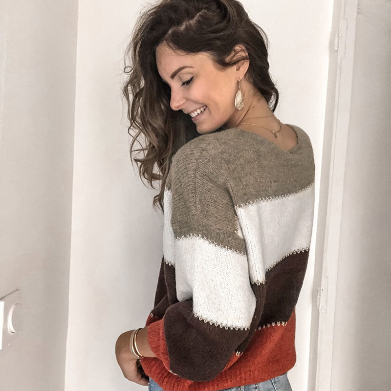 Women Sweater Pullover Round Neck Stripe Long Sleeve Sweater Coat Women Fashion Autumn Knitwear 201225