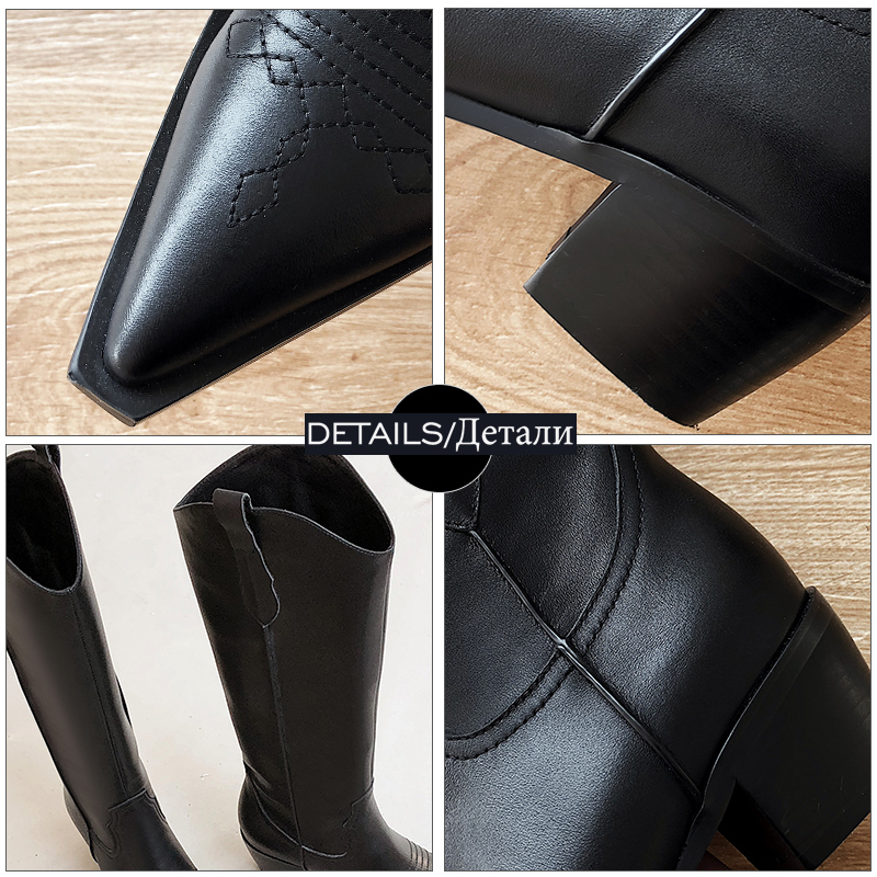 ISNOM Western Boots Women Knee High Cowboy Boots Fashion Pointed Toe Sewing Shoes Female High Heels Thick Shoes Ladies Autumn Y200115