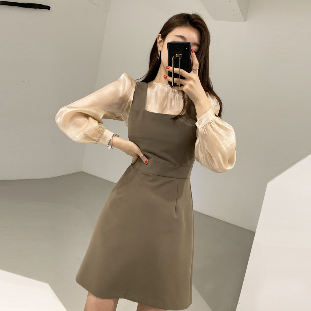 women two 2 piece set long sleeve slightly transparent blouses and high waist spaghetti strap tunic mini dress elegant suit T200325