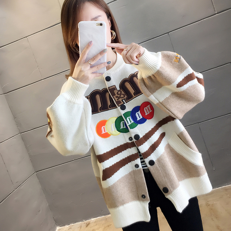 HWLZLTZHT Autumn Woman Jacket Knitted Cardigan Cartoon Harajuku Sweater Women Patchwork Woman Coat Loose Outwear 201026