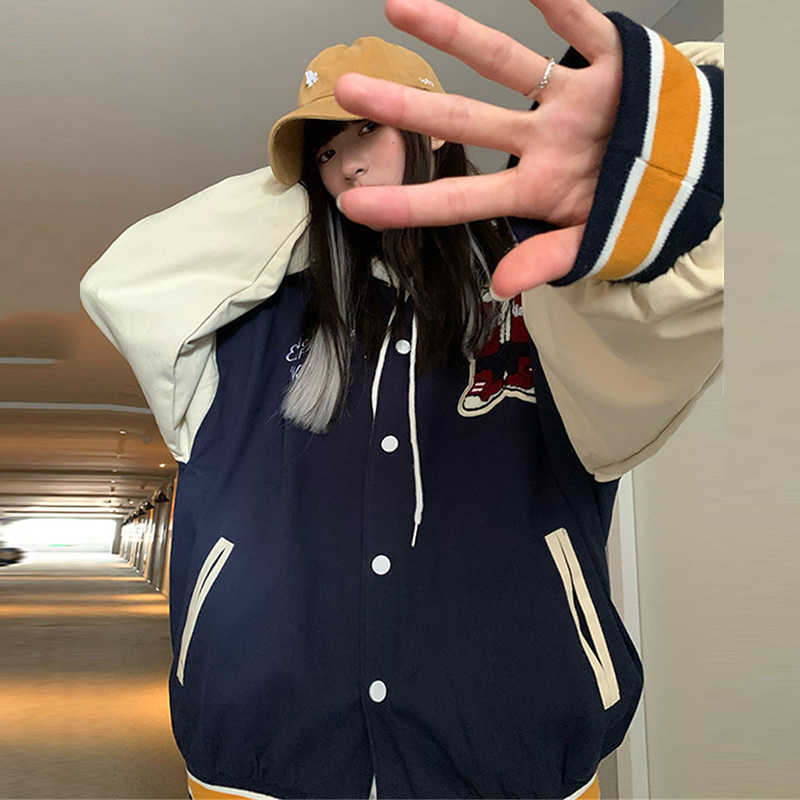 Vintage Bear Letters Baseball Jacket Coat Women Oversized Outerwear Harajuku Korean Style Loose Jacket Students Girls 220118