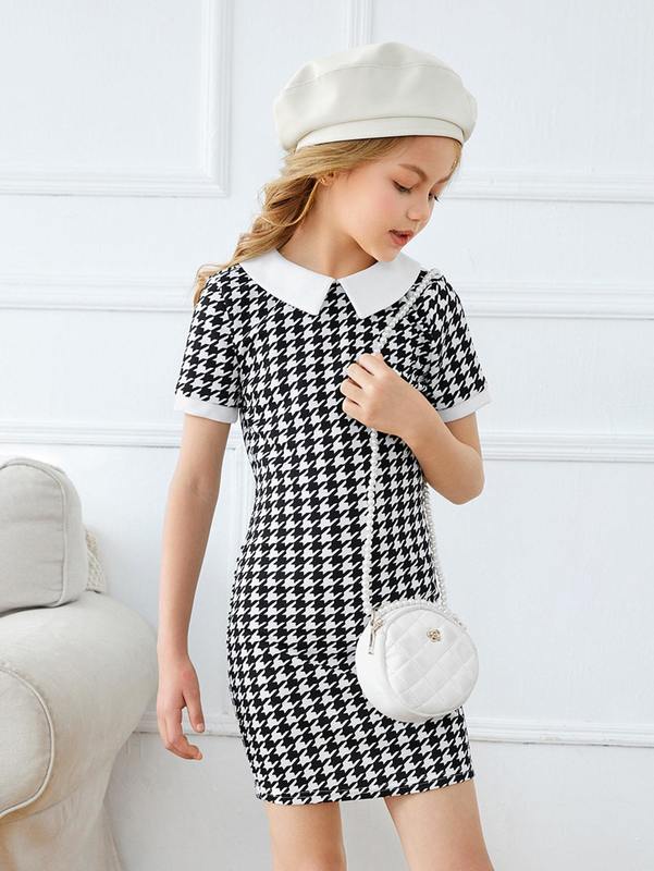 Girls Keyhole Back Houndstooth Print Fitted Dress SHE