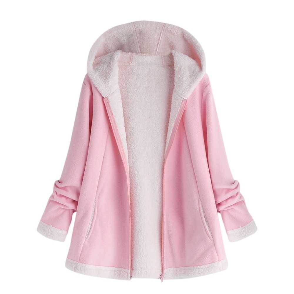 Women's Autumn Jacket Fashion Winter Warm Solid Pocket Zipper Long Sleeves Plush Hoodie Coat Manteau Femme Plus Size 5xl Pink T200319