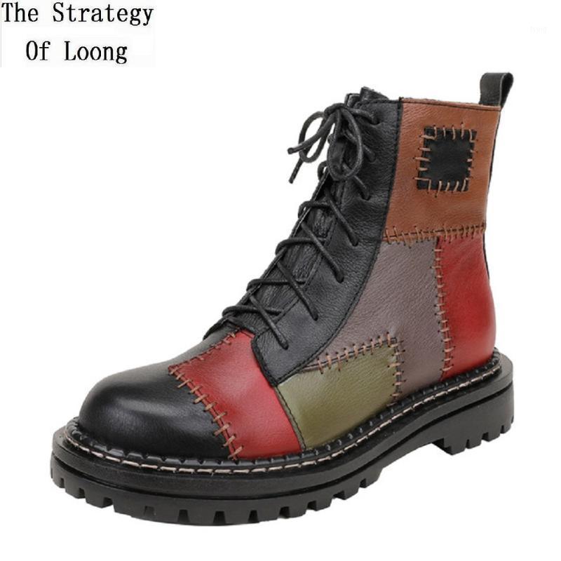 Spring Autumn Retro Mixed Colors Sewing Genuine Leather Women Ankle Equestrian Boots Winter Plush Ladies Short Motorcycle Botas1, Winter black 
Spring Autumn Retro Mixed Colors Sewing Genuine Leather Women Ankle Equestrian Boots Winter Plush Ladies Short Motorcycle Botas1, Winter black