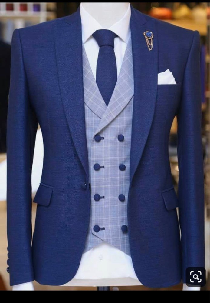 3 Piece Blue Men Suits for Wedding with Peaked Lape Groom Tuxedo Male Fashion Set Jacket Plaid Vest Pants New Arrival 201105