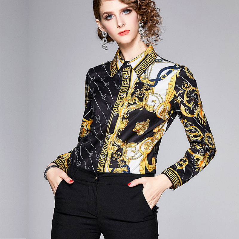 Women Blouses And Tops Summer Baroque Print Runway Long Sleeve Shirt Ladies Collar Elegant Vintage Office Shirts work wear 201126