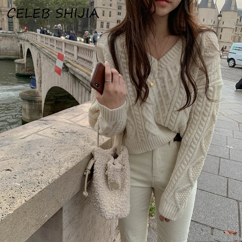 

SHIJIA New Autumn Twist Sweater Woman V-neck Long-sleeve Loose knitting pullovers jumper female apricot warm knitted tops 201130, Gray