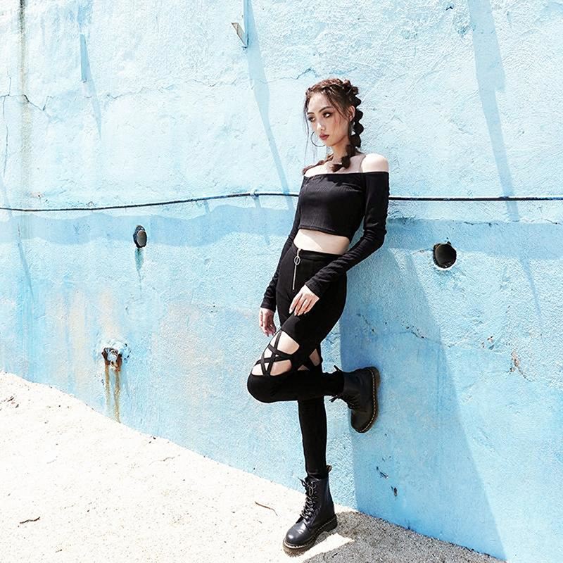 Gothic Pants Hollow Out Pentagram Black Leggings Women Pencil Pants Slim Thin High Waist Zipper Plain Cool Sexy Pants 201106