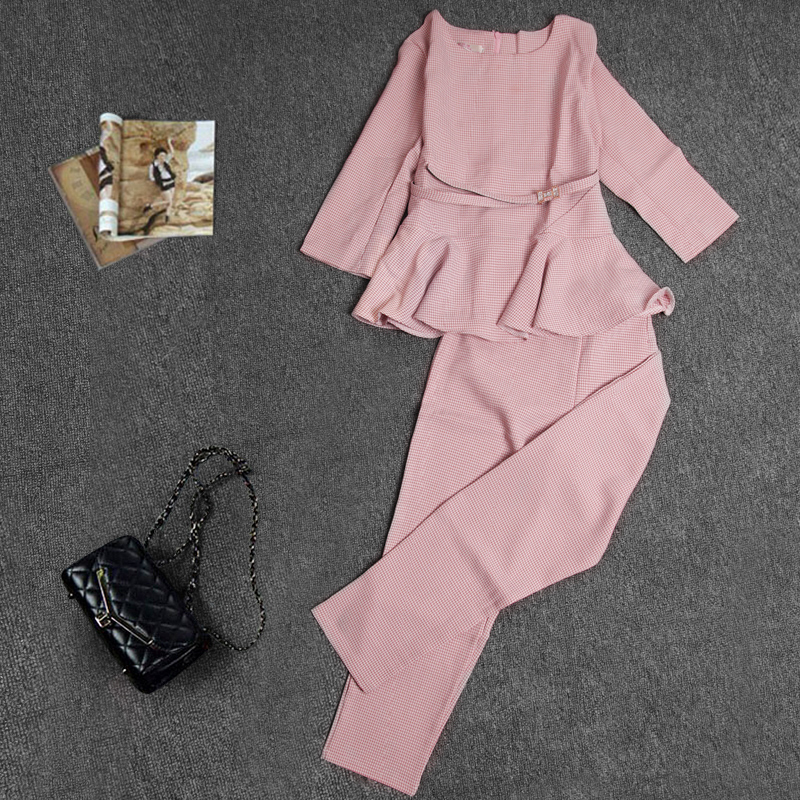 Autumn Spring Fashion Women's Business Pants Suits Office Lady Plaid Checker Ruffles Suits for Women 2 Pieces Set T200818