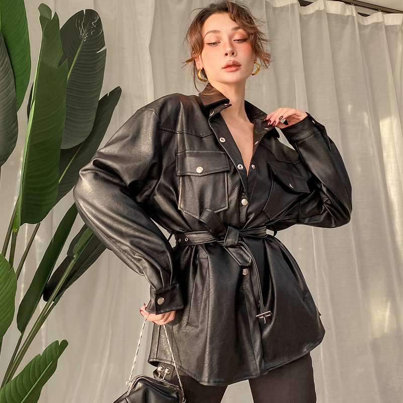 2021 Autumn New Vintage Thin Waistbands Turn-down Collar Coat All-match Shiny Leather Jackets From Plutonium to Women 5NLL, Black
2021 Autumn New Vintage Thin Waistbands Turn-down Collar Coat All-match Shiny Leather Jackets From Plutonium to Women 5NLL, Black