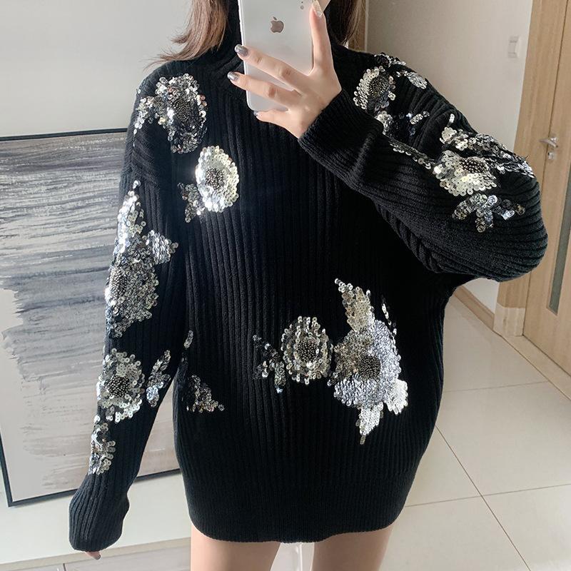 Retro semi-high collar sequined flower thick knit sweater women' lazy wind loose and thin black sweater autumn and winter new
Retro semi-high collar sequined flower thick knit sweater women' lazy wind loose and thin black sweater autumn and winter new