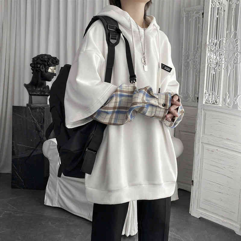 Deeptown Vintage Hoodie Women Streetwear Oversized Sweatshirt Punk Long Sleeve Pullovers Korean 2021 Grunge Plaid Splice Hoody 220210