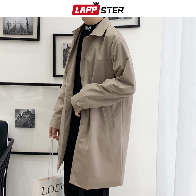 LAPPSTER Oversize Men Streetwear Trench Coat Autumn Mens Hip Hop Harajuku Long Jackets Coats Vintage Male Black Windbreaker 201128
