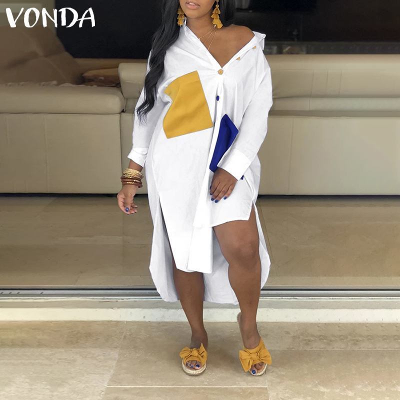 VONDA Woman Long Sleeve Blouses Autumn Patchwork Button Black White Shirts Femme Casual Bohemain Party Tops Loose Blusas S-5XL T200321