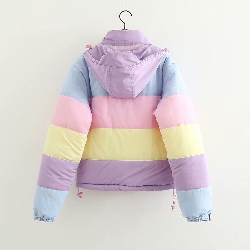 Flectit Lazy Pastel Puffer Jacket With Hood Warm Padded Coat Women Winter Rainbow Bomber Jacket Harajuku * Y201006