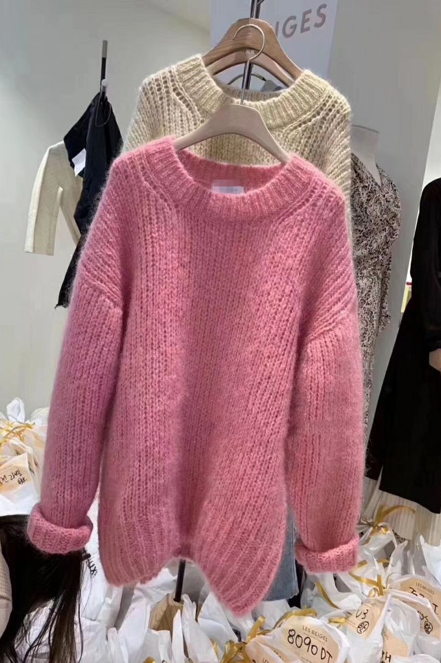 Autumn winter new womens o-neck loose pink color palazzo knitted sweater jumper tops